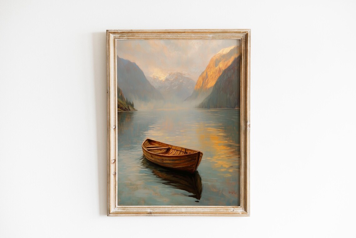 Wooden Rowboat Serene Fjord Sunset Calm Water Painting Poster