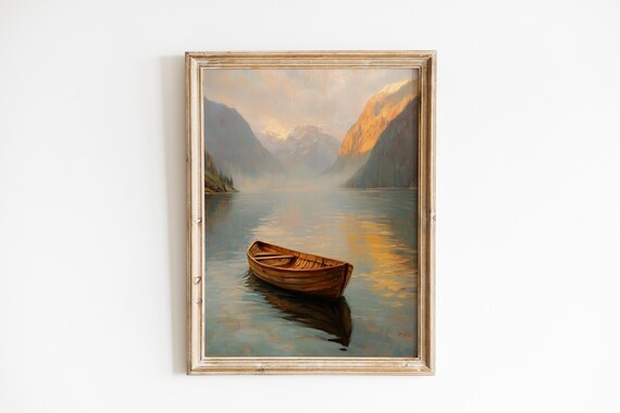 Moody Norwegian Fjord Print Wooden Rowboat Wall Art Serene Coastal Landscape Rustic Vintage Decor 522
