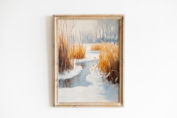 Moody Winter Landscape Serene Frozen Pond Art Rustic Snowy Scene Cozy Wall Decor Impressionist 1073