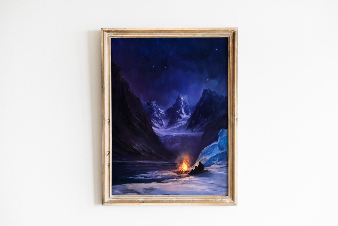Explorers by Campfire Inside Icy Glacier Cavern Night Painting Wall Art