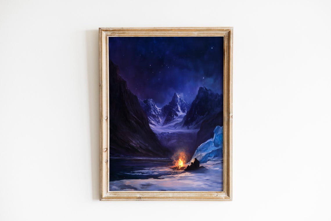 Moody Landscape Art Of Explorers By Campfire Icy Cavern Scene Dramatic Blue And Purple Painting 54