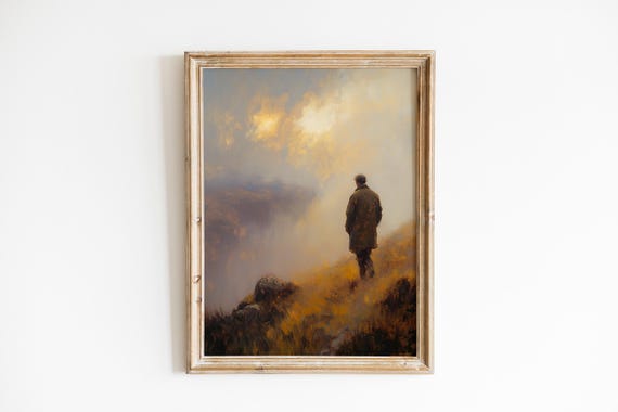 Rustic Shepherd Walking In Mist Serene Pastoral Landscape Art Earthy Tones Wall Decor Moody Atmosphere 358