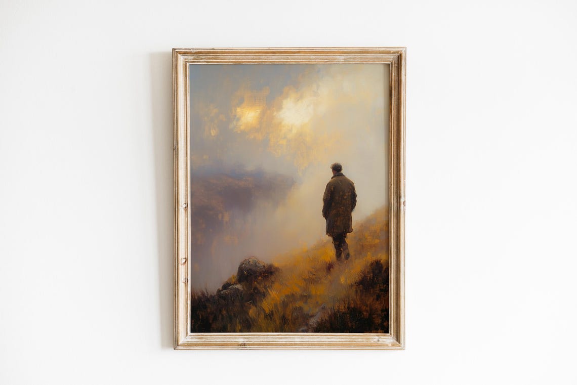 Rustic Shepherd Walking in Mist Serene Pastoral Landscape Poster