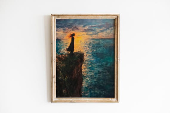 Moody Seascape Art Woman On Cliff At Sunset Dramatic Coastal Wall Ocean Landscape Painting 500