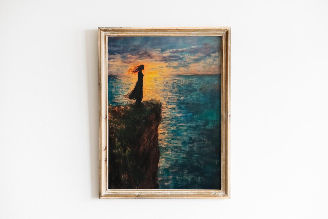Woman on Cliff at Sunset Moody Ocean Seascape Painting Poster