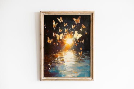 Moody Sunlit Butterflies Painting Romantic Natureinspired Art Luminous Water Reflections Summer Decor 846