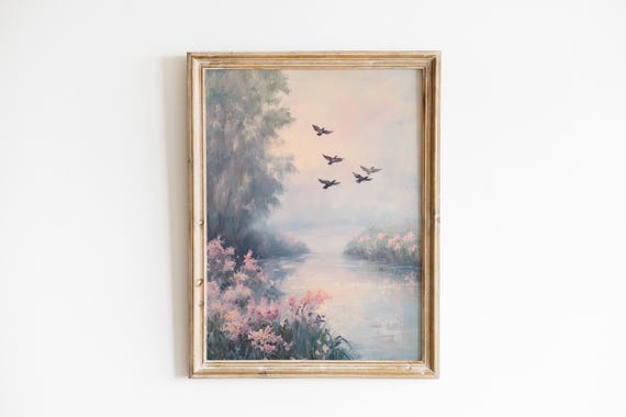 Misty River At Dawn Painting Serene Wall Art Soft Pastel Landscape Tranquil Vintage Decor 606