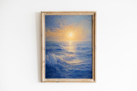 Sunrise Over Open Ocean Painting Serene Coastal Vintage Seascape Luminous Golden Highlights Moody Romantic Art 695