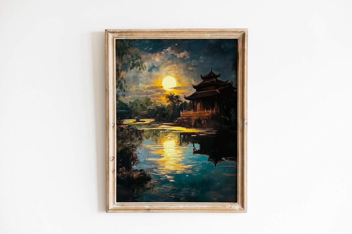 Moonlit Asian Temple Pagoda Lake Reflection Oil Painting Poster