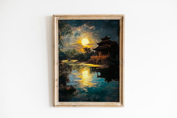 Moody Moonlit Temple Rooftops Art Vintage Nightscape Dramatic Asian Pagoda Silhouette Dark Decor Print 672