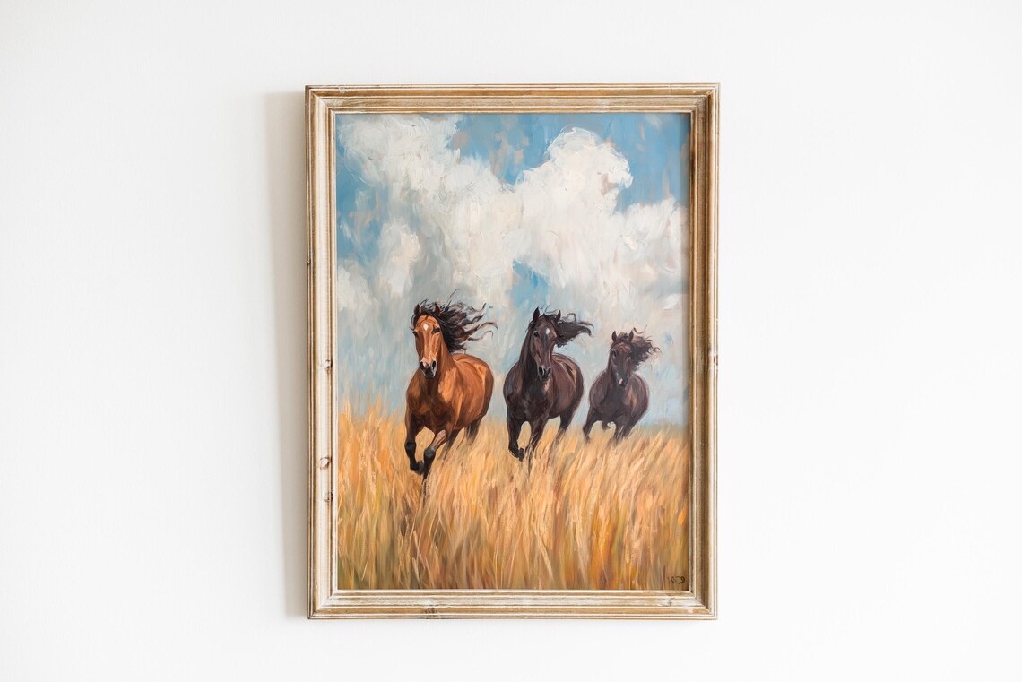 Wild Horses Galloping Through Golden Wheat Field Energy Oil Art Poster