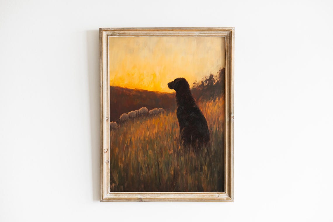 Black Dog Watching Sheep at Golden Dusk Pastoral Painting Poster