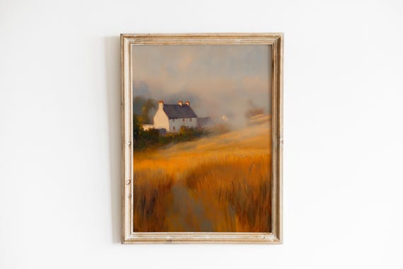 Moody Cottage Landscape Art Rustic Autumn Wall Misty Harvest Fields Scene Cozy Decor 106