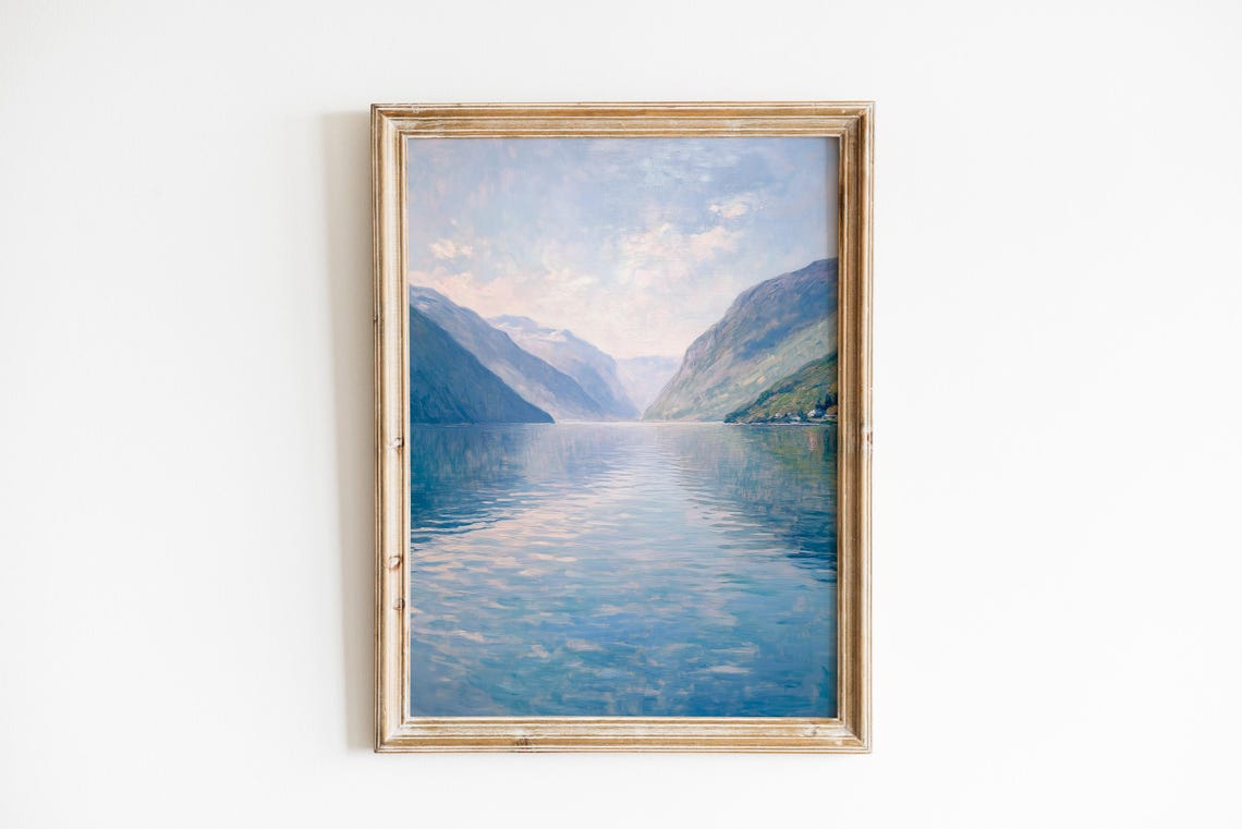 Serene Fjord Calm Water Between Mountains Soft Impressionist Wall Art