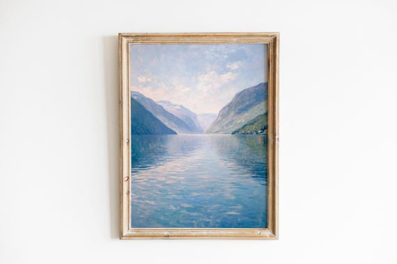 Serene Fjord Landscape Art Calming Coastal Scene Moody Scandinavian Design Soft Bluegreen Palette 1070