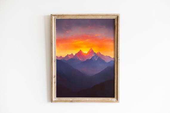 Majestic Himalayan Sunrise Painting Moody Mountain Landscape Art Dramatic Fiery Sky Wall Decor Rich Color 868