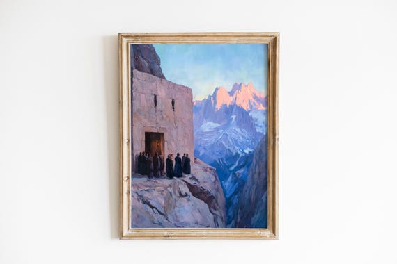 Moody Mountain Landscape Art Rustic Painting Of Pilgrims At Rocky Ledge Timeless Spiritual Wall Decor Instant 1097
