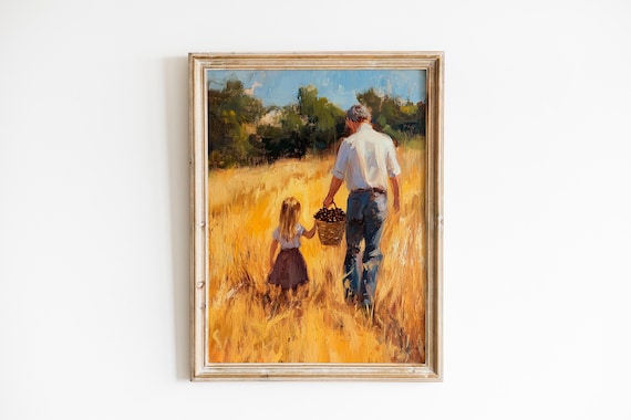 Father and Daughter Walking Through a Golden Wheat Field With Basket Print