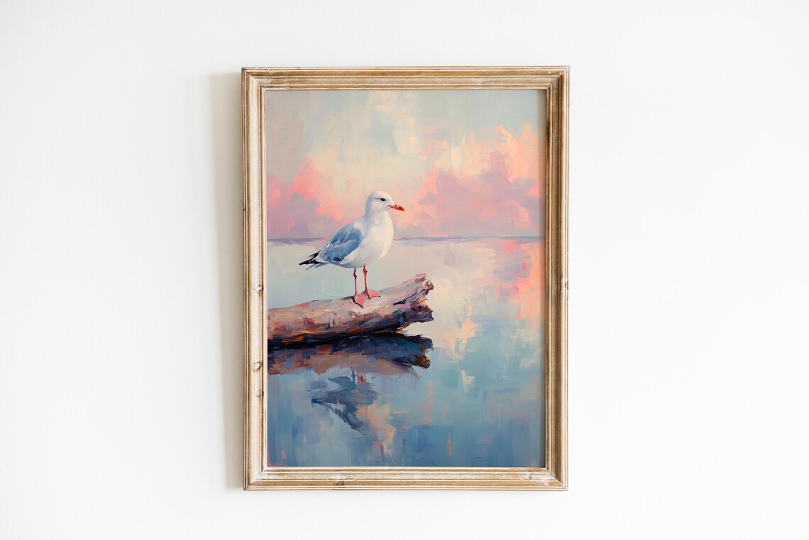Lone Seagull on Driftwood Pastel Calm Sea Coastal Art Poster