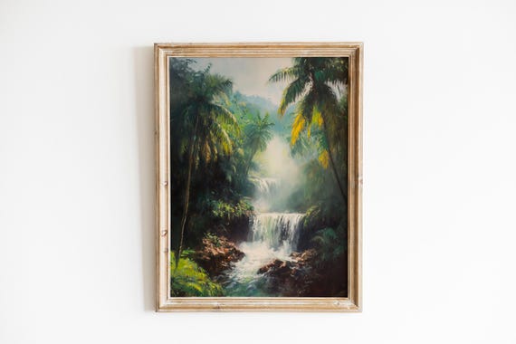 Moody Tropical Jungle Landscape Print Waterfall Wall Art Lush Palm Trees Vintage Style Nature Decor 634