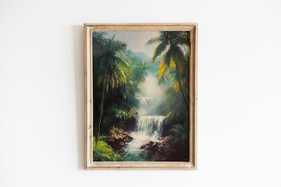 Tropical Jungle Waterfall Misty Palms Lush Oil Painting Poster