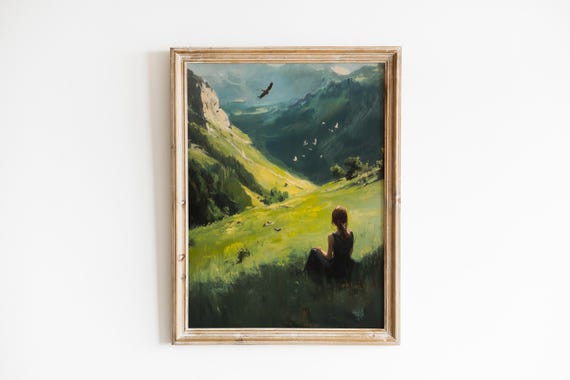 Rustic Landscape Art Child On Sunlit Hillside Moody Eagle Scene Serene Nature Painting Wall Decor 988
