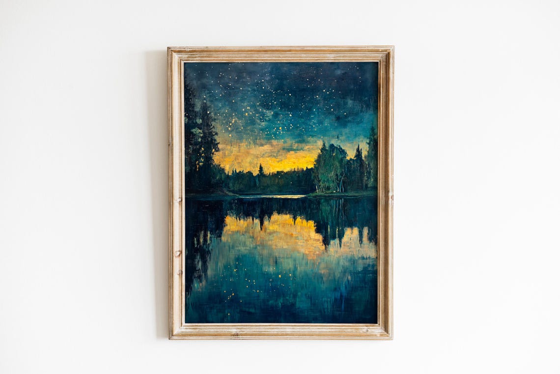Moody Night Landscape Art Starry Sky Over Still Lake Serene Reflection Scene Rich Colors Wall Decor 795