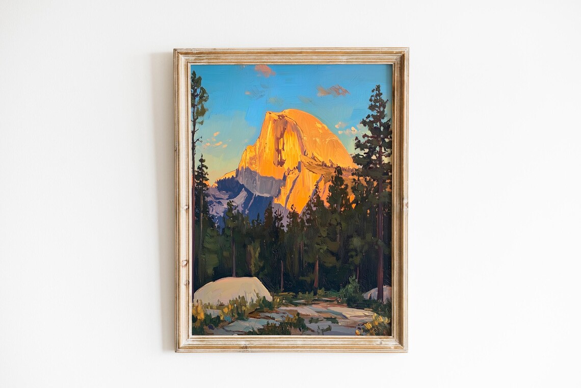 Half Dome Yosemite Golden Sunrise Mountain Oil Painting Poster