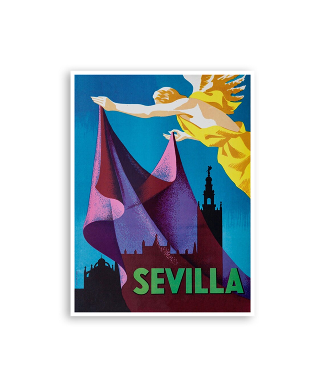 Sevilla Spain Angel Cape Giralda Silhouette Vintage Travel Poster