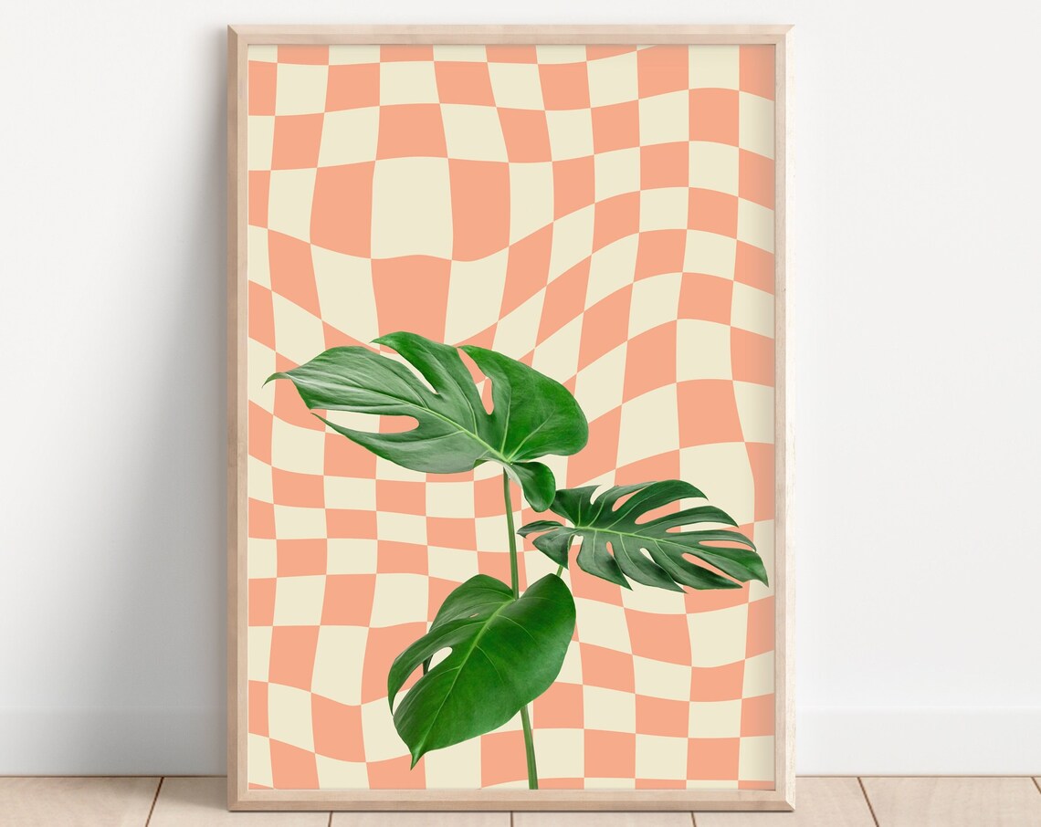 Retro Monstera Checkerboard Plant Hippie Groovy Leaf Art Poster