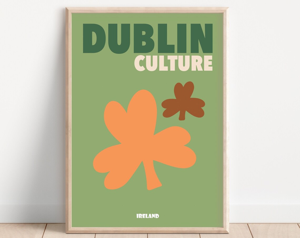 Dublin Culture Ireland Shamrock Green Vintage Travel Art Poster