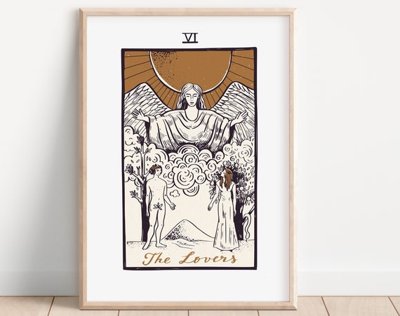 The Lovers Vintage Tarot Print, Boho Decor
