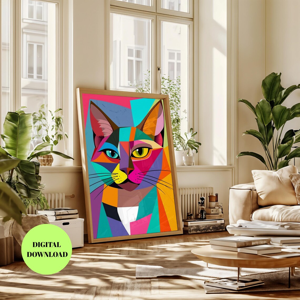 Picasso-Inspired Pop Art Cat Print, Geometric Feline