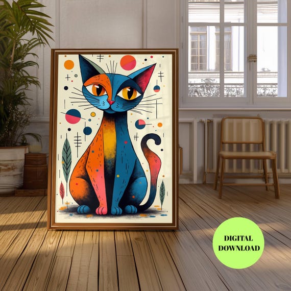 Picasso Inspired Cat Art, Colorful Geometric Pop Art