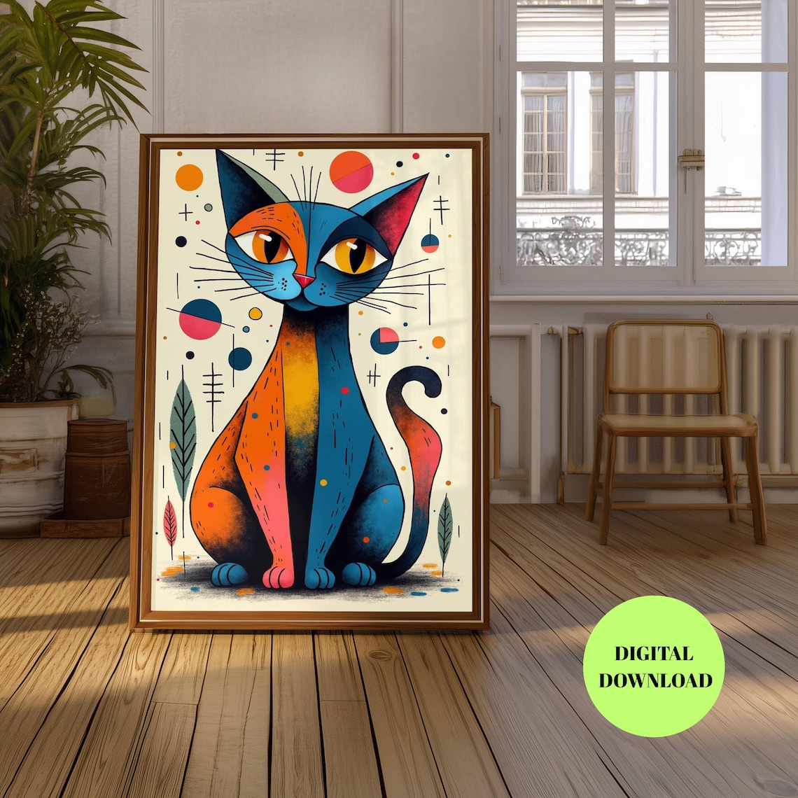 Picasso Inspired Cat Art, Colorful Geometric Pop Art