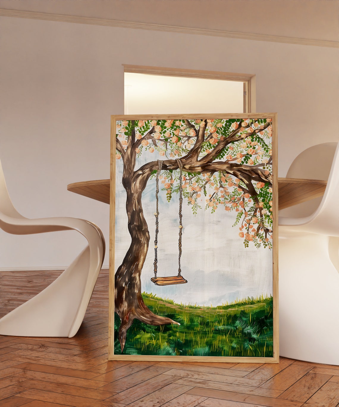 Wooden Swing Hanging From Blossoming Spring Tree Meadow Scene Poster
