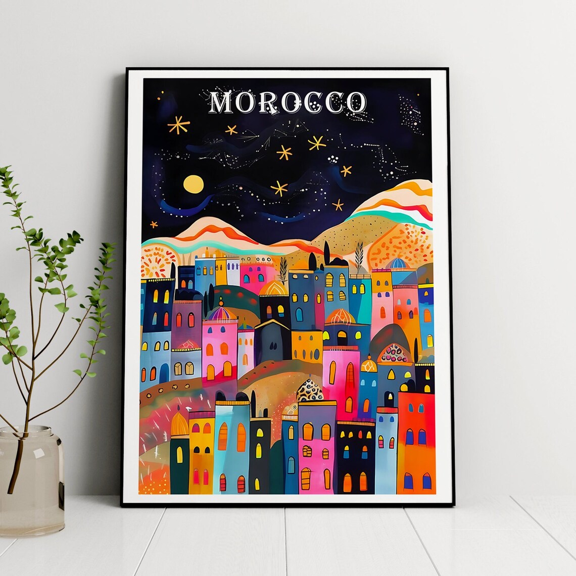 Morocco At Night Travel Poster, Marrakech Art