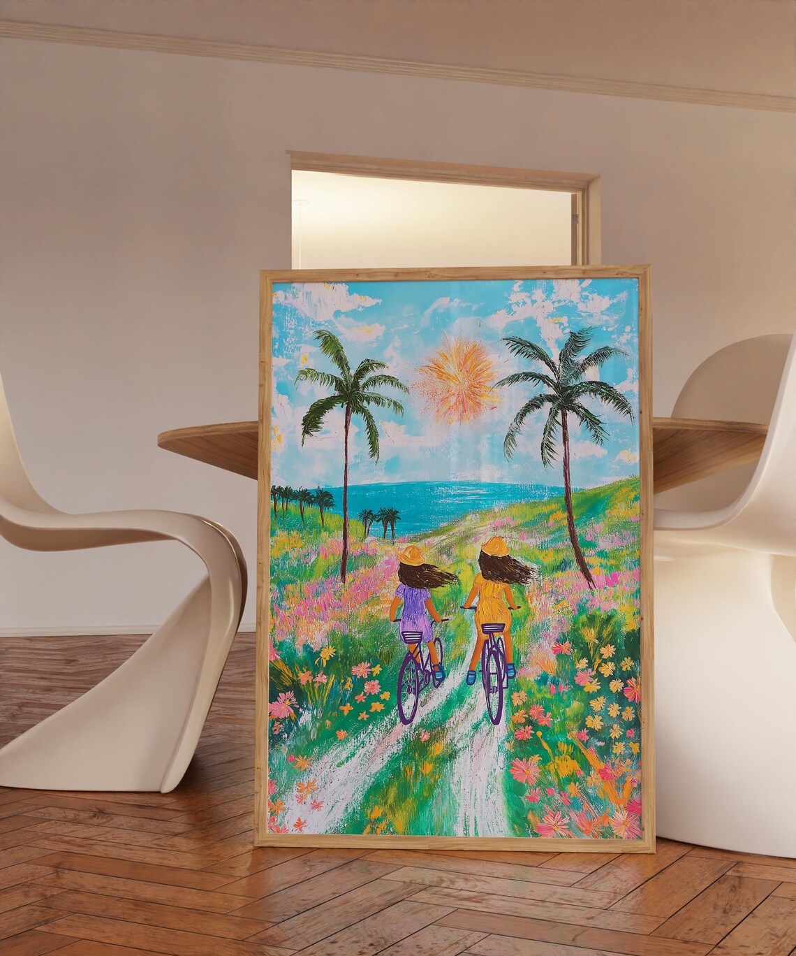 Girls Cycling To The Beach Tropical Floral Seaside Ride Poster - Image 3
