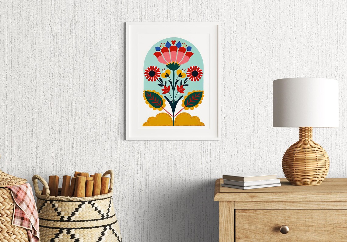 Nordic Scandinavian Folk Art Flower Arch Bold Red Teal Print - Image 3