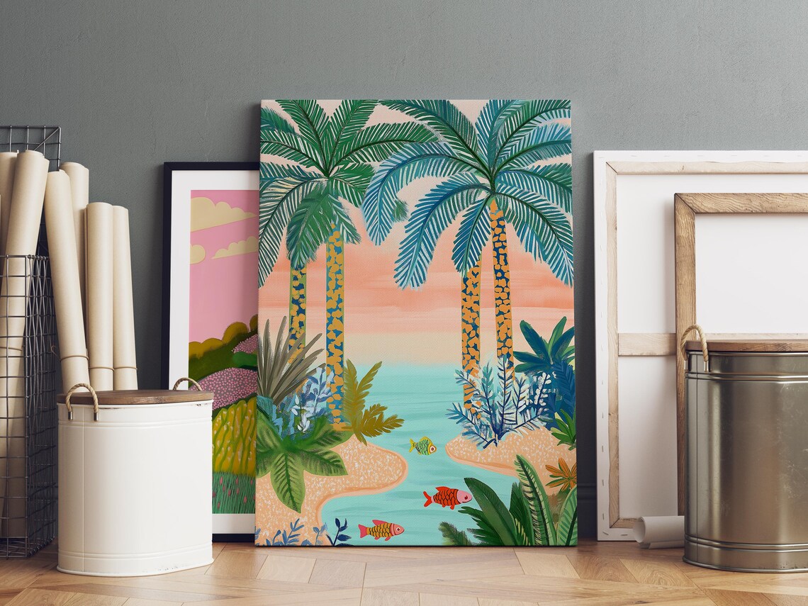 Whimsical Tropical Palm Trees Lagoon Fish Peach Sky Art Print - Image 2