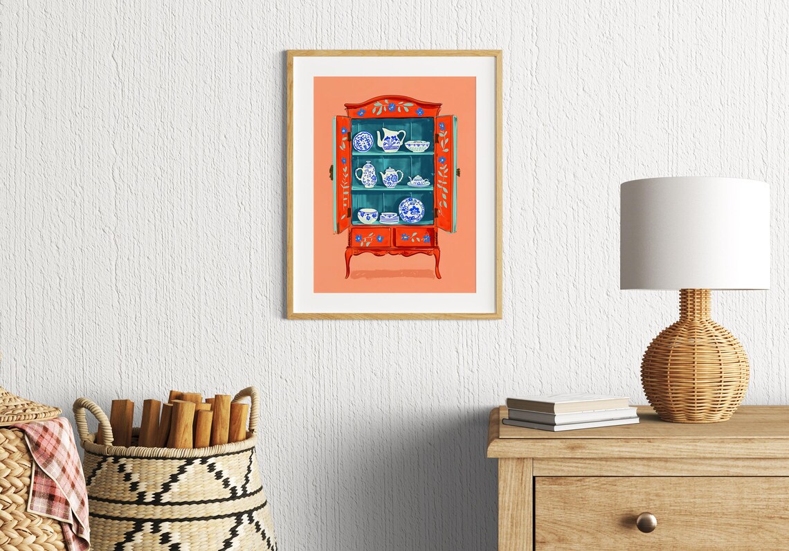 Red Painted Hutch With Blue White Porcelain Collection Poster - Image 2
