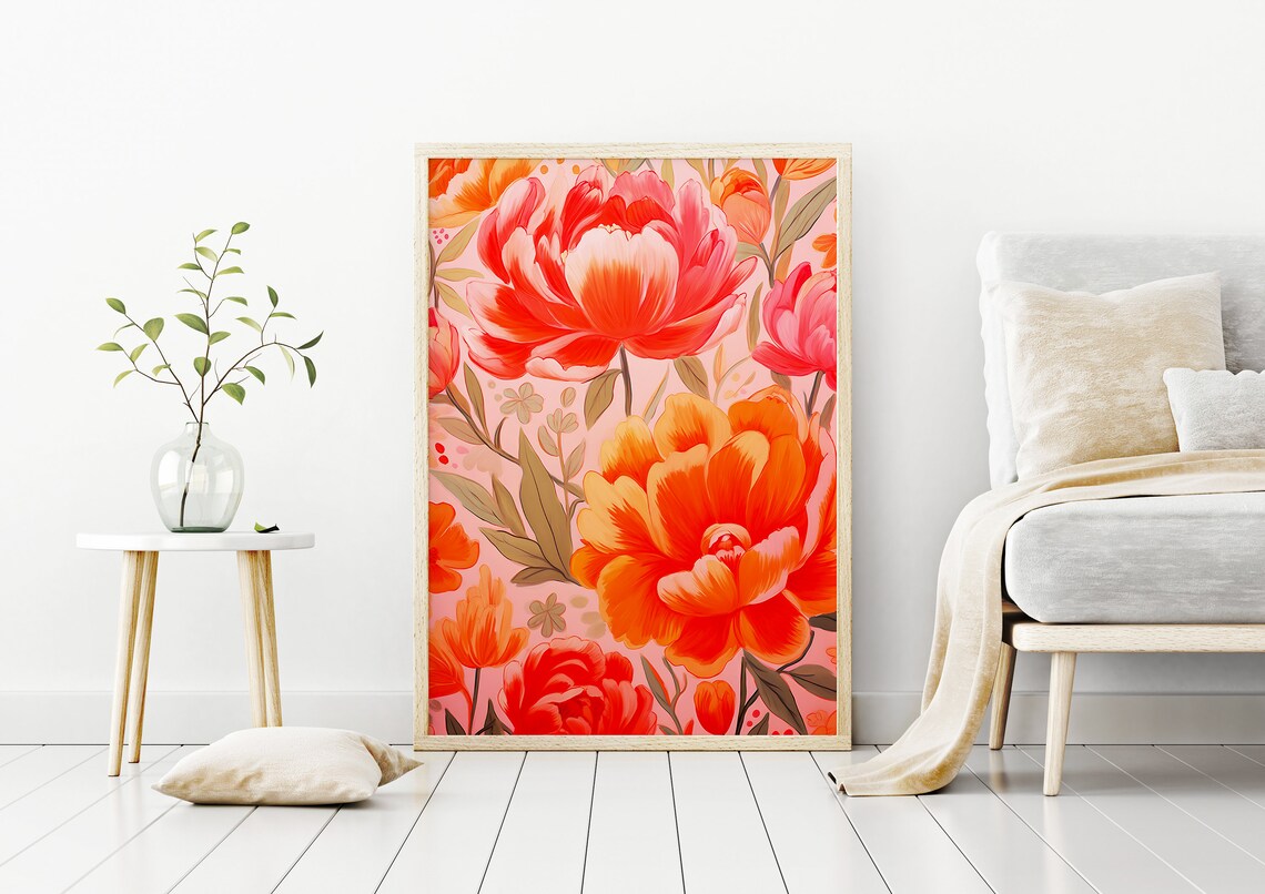 Orange Pink Abstract Floral Art Print, Maximalist