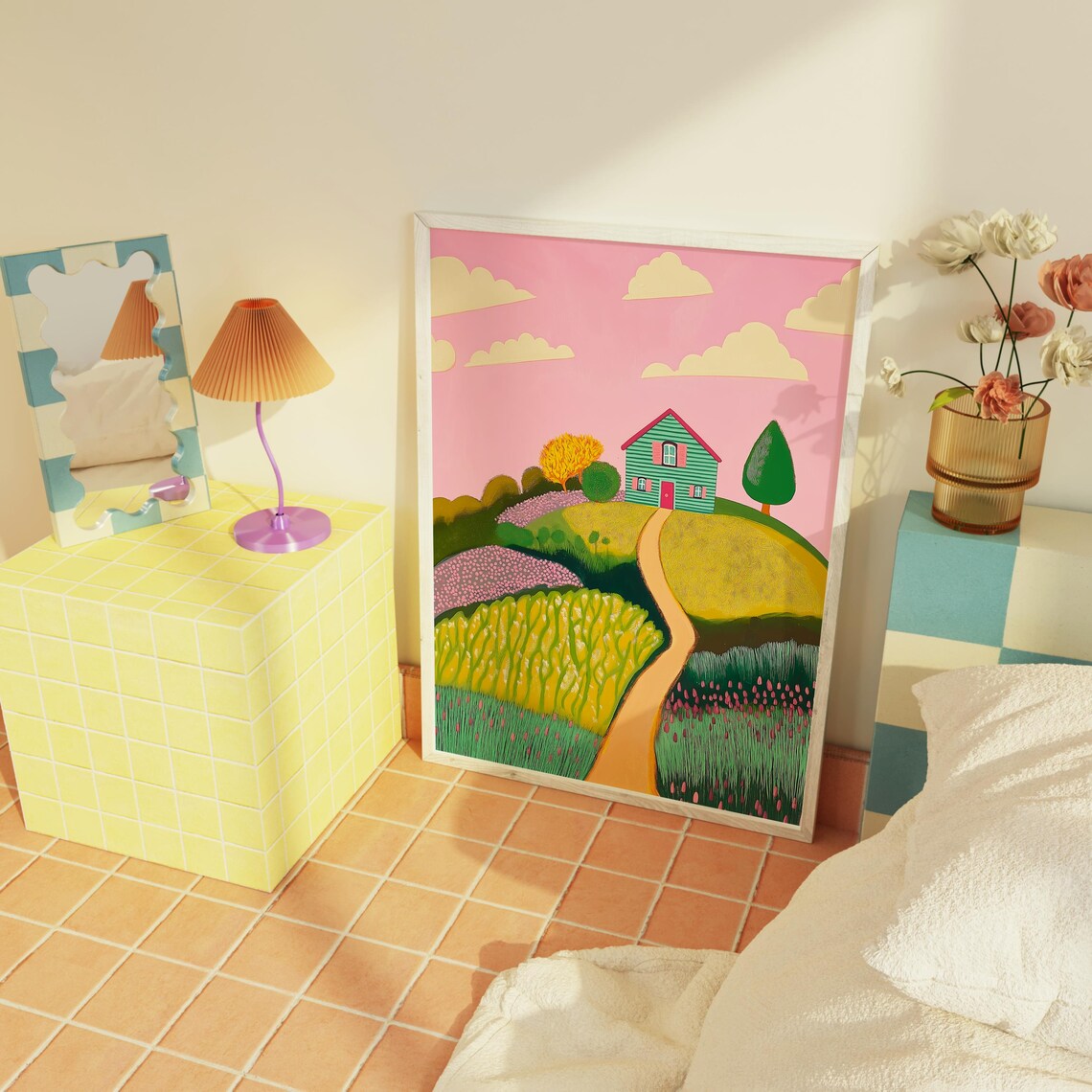 Whimsical Cottage Wall Art Pink Sky Country House Meadow Path Decor - Image 2