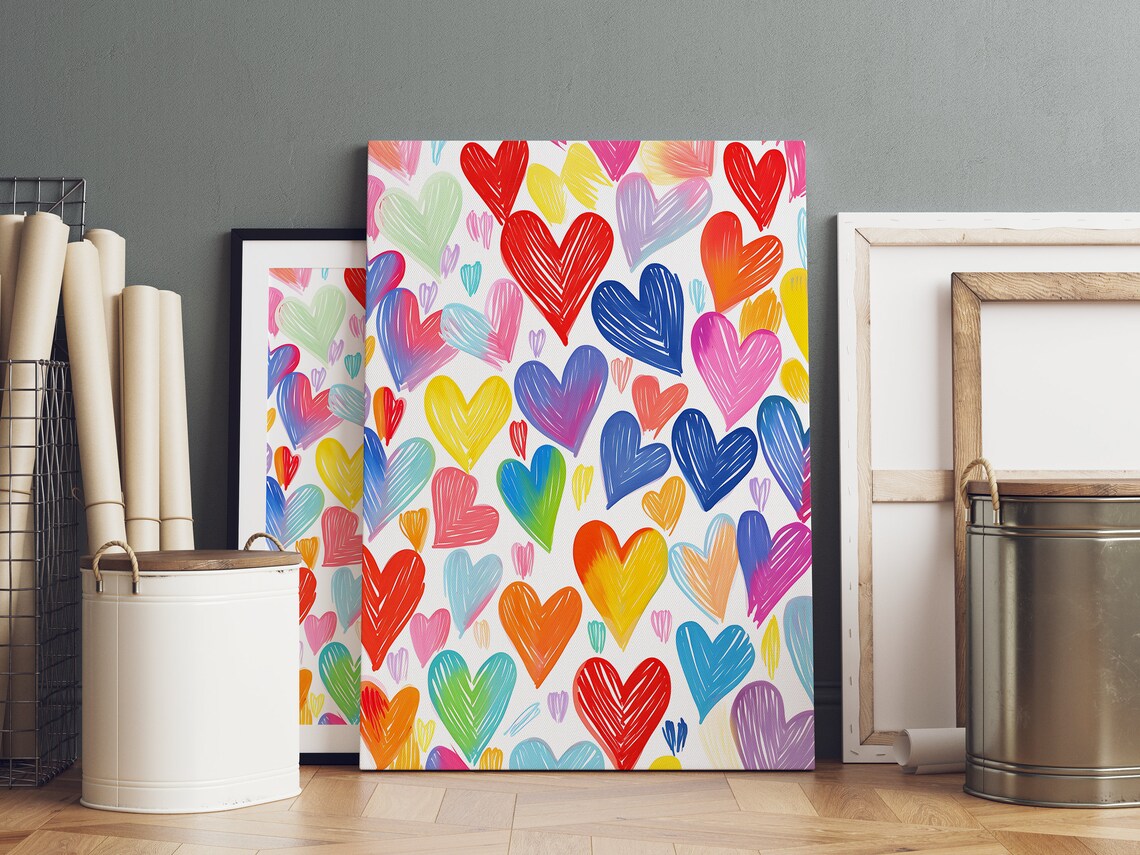 Colorful Hearts Pattern Nursery Wall Art Playful Hand Drawn Rainbow Decor - Image 2