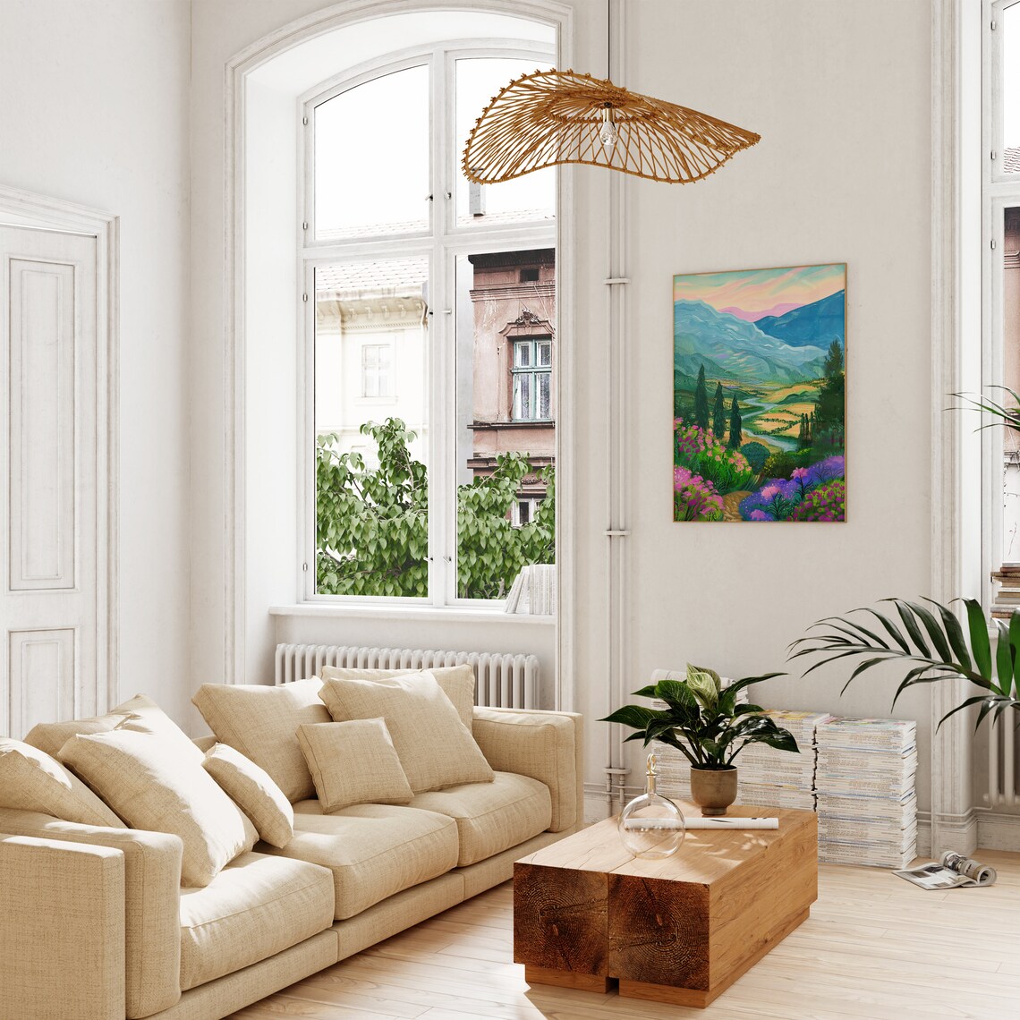 Colorful Countryside Art Print, Floral Landscape - Image 2