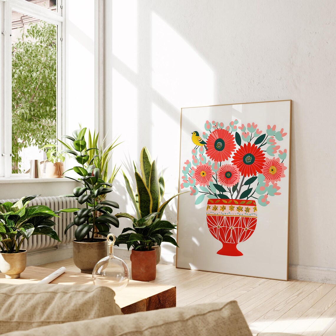 Red Vase Red Pink Flowers Yellow Bird Folk Floral Art Poster - Image 2