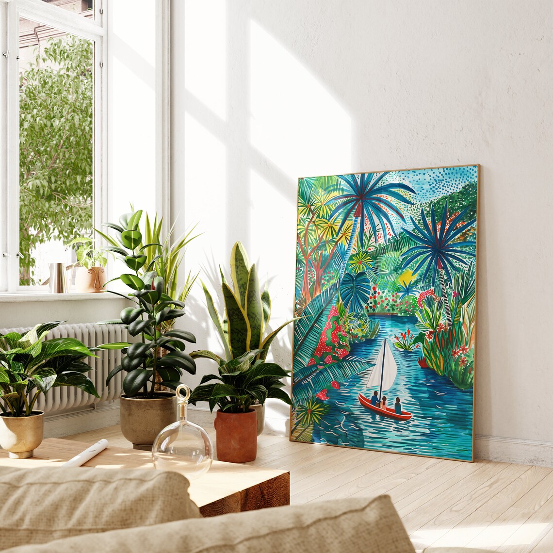 Sailboat on Tropical River with Palm Trees Jungle Travel Art Poster - Image 2