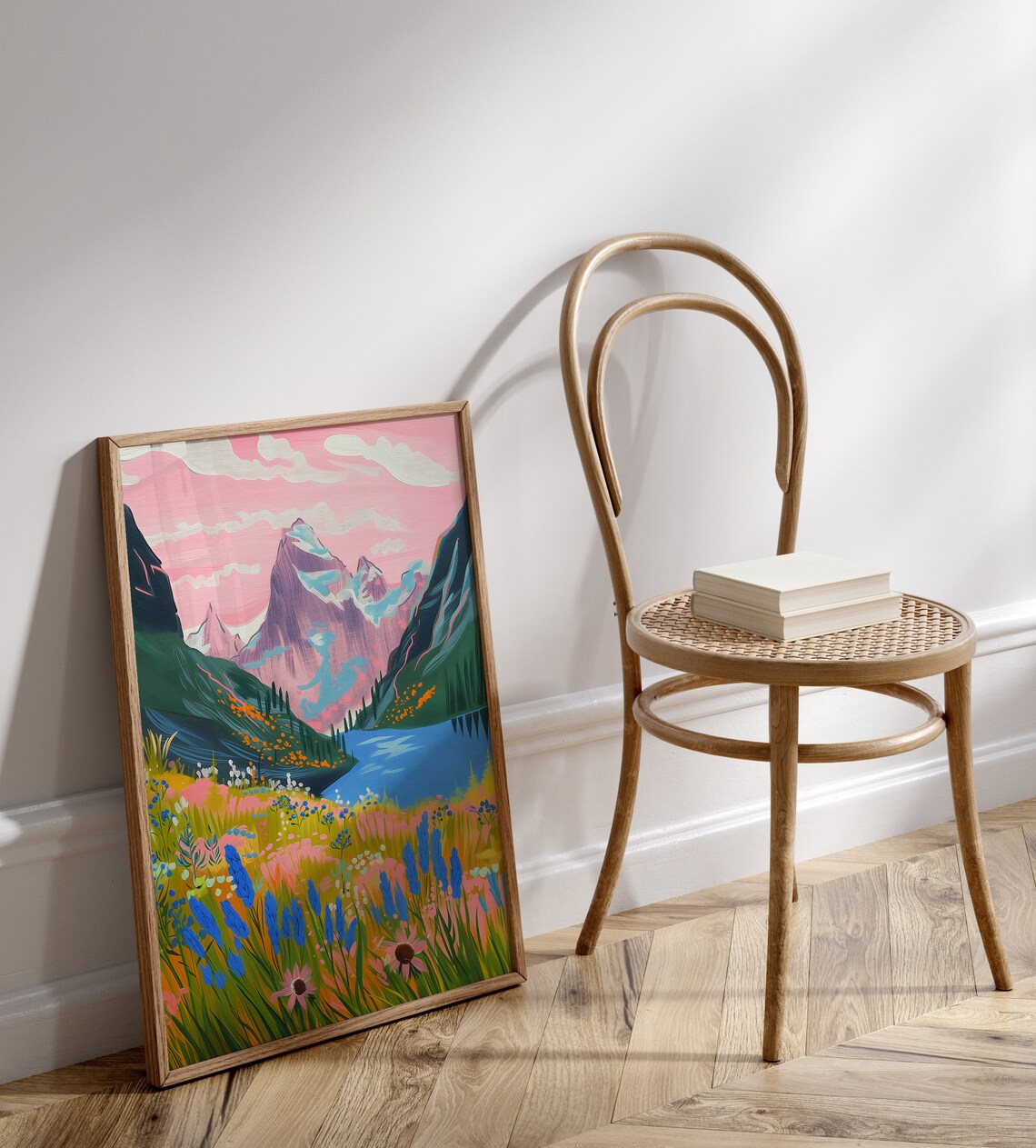 Abstract Pink Mountain Art Print, Colorful Lake Illustration - Image 2
