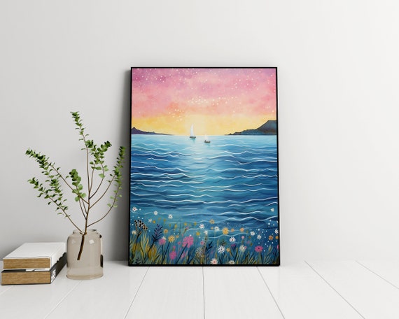 Seascape Painting Pink Sky Colorful Wall Art Summer Bright Vibrant Print Starry Sky Poster Pink Clouds