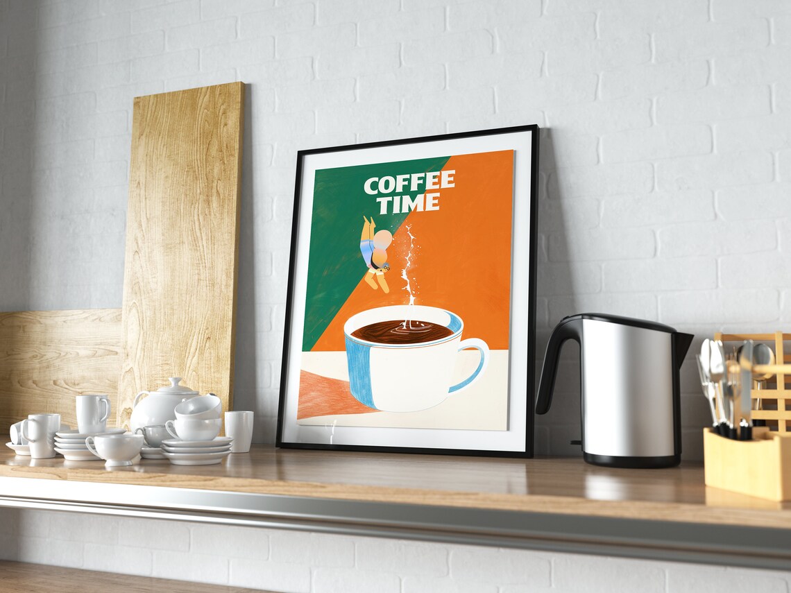 Coffee Time Diver Jumping Into Coffee Cup Retro Kitchen Art Poster - Image 2
